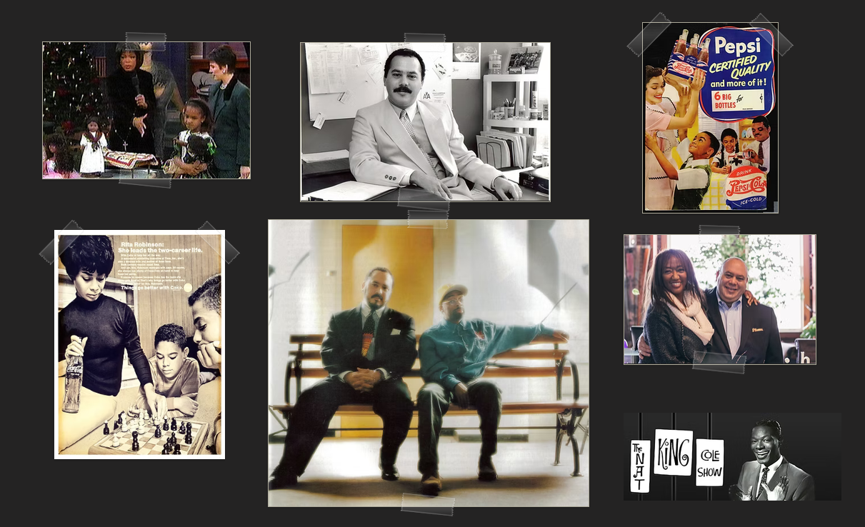 Collage of vintage advertisements and photos from Black On Madison Avenue